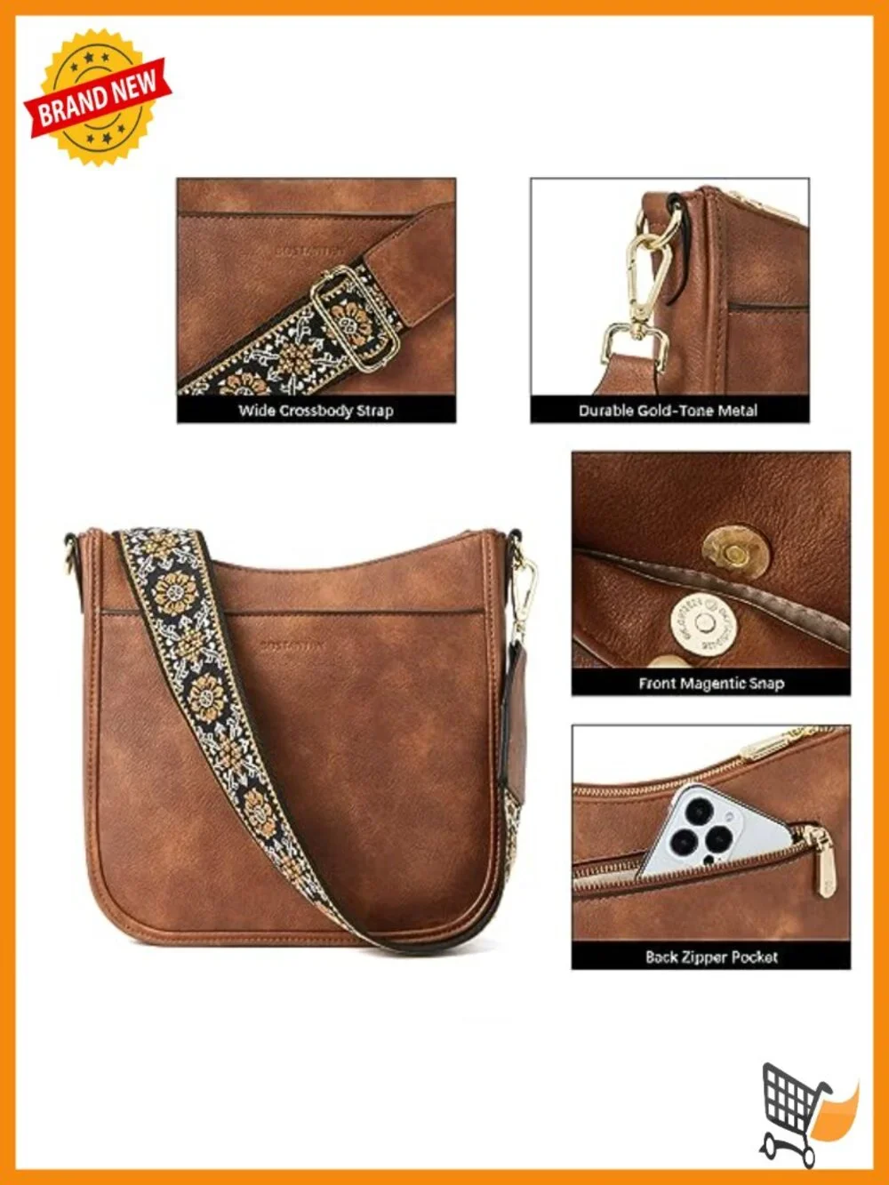 Vegan leather crossbody hobo purse, wide strap, 10.3